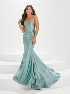 Corset And Crepe Off-The-Shoulder Gown In Sage