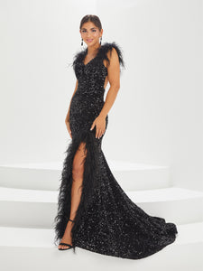 Sequined Off-The-Shoulder Gown With Feather Trim In Black