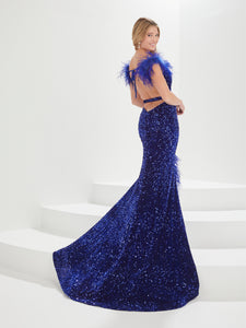 Sequined Off-The-Shoulder Gown With Feather Trim In Midnight