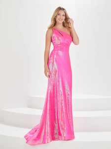 Sequined One-Shoulder Gown With Cutouts In Hot Pink