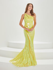 Sequined One-Shoulder Gown With Cutouts In Yellow