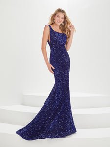 Sequined Velvet Gown With Illusion Panels In Royal