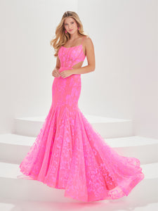 Floral Glitter Tulle Corset Mermaid Gown With Cutout Details In Bright Pink