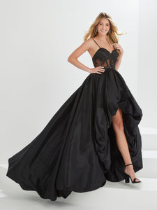Illusion Corset Gown With High/Low Bubble Hem In Black