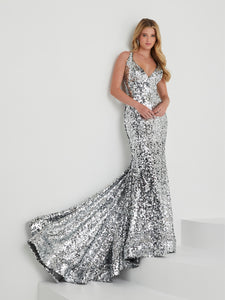 Sequined Halter Gown In Platinum