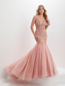 Floral Beaded Illusion Mermaid Gown In Blush