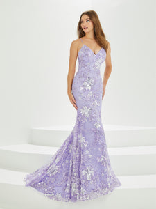 Floral Beaded Gown With Lace-Up Back In Lilac