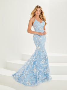 Floral Beaded Gown With Lace-Up Back In Sky