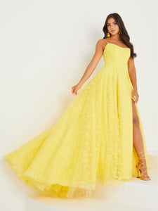Glitter Tulle A-Line Gown In Yellow