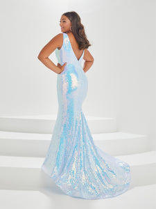 Square Neck Sequined Gown In Sky