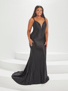 Beaded Stretch Gown With Criss Cross Back Straps In Black
