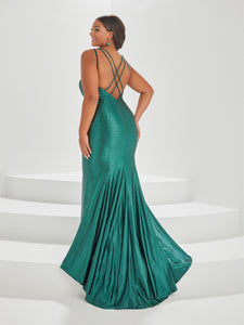 Beaded Stretch Gown With Criss Cross Back Straps In Hunter