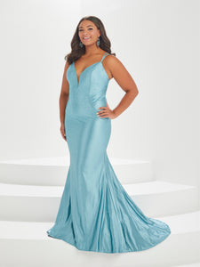 Beaded Stretch Gown With Criss Cross Back Straps In Sage