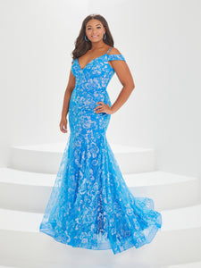 Floral Glitter Tulle Cold Shoulder Gown With Godets In Bright Blue