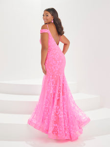 Floral Glitter Tulle Cold Shoulder Gown With Godets In Bright Pink