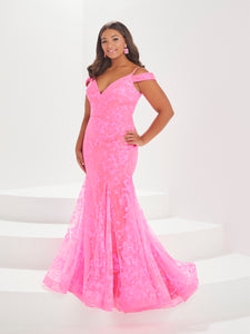 Floral Glitter Tulle Cold Shoulder Gown With Godets In Bright Pink