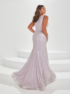 Sequined One-Shoulder Gown In Dusty Lilac