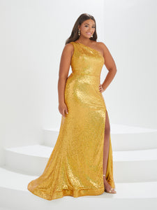 Sequined One-Shoulder Gown In Gold