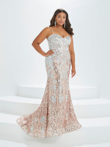 Sequined Trumpet Gown In Silver Rose Gold