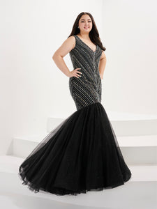 Beaded Tulle Mermaid Gown In Black