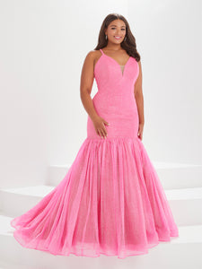 Glitter Tulle Mermaid Gown In Hot Pink