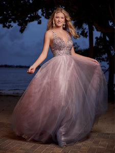 Ombre Tulle And Beaded Gown In Blue Ombre
