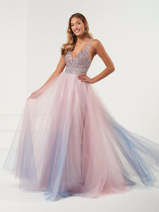 Ombre Tulle And Beaded Gown In Blue Ombre