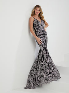 Floral Sequin Trumpet Gown In Black Silver