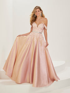 Shimmer Satin And Floral Gown In Rose Gold