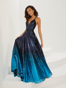 Ombre Sequin A-Line Gown In Navy Blue