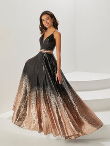 Ombre Sequin A-Line Gown In Black Rosegold