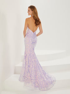 Floral Liquid Sequin Slim Flare Gown In Lilac