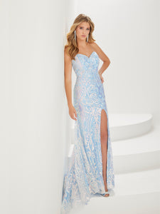 Floral Liquid Sequin Slim Flare Gown In Sky