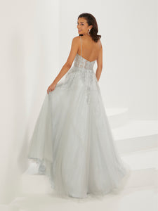Metallic Tulle/Glitter Lace Gown In Platinum