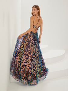 Liquid Sequin A-Line Gown In Navy Multi