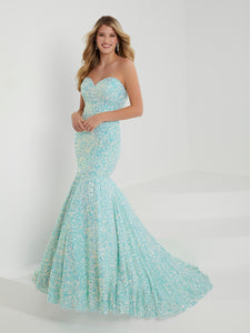 Metallic Sequin Mermaid Gown In Aqua
