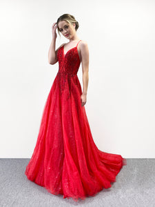 Beaded And Sparkle Tulle Gown In Red