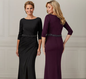 3/4-Sleeve Stretch Satin Gown In Black