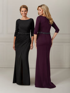 3/4-Sleeve Stretch Satin Gown In Eggplant