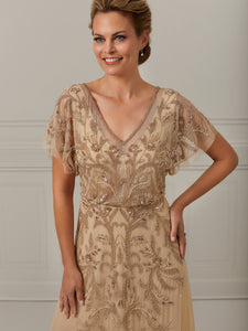 Ruffle Sleeve A-Line Gown With Illusion Trim In Champagne
