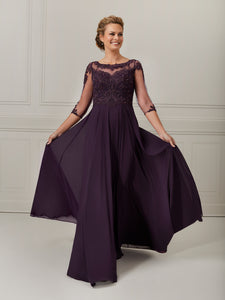 Chiffon & Lace Hand-Beaded A-Line Gown In Eggplant