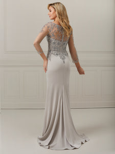 Hand-Beaded Crepe Long Sleeve Trumpet Gown In Platinum
