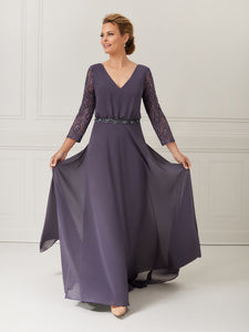 3/4-Sleeve Chiffon A-Line Dress With Lace Overlay In Gunmetal