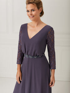 3/4-Sleeve Chiffon A-Line Dress With Lace Overlay In Gunmetal