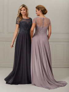 Short Sleeve Hand-Beaded Mesh Illusion Dress In Gunmetal
