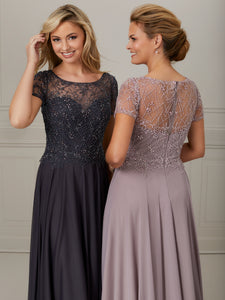 Short Sleeve Hand-Beaded Mesh Illusion Dress In Gunmetal