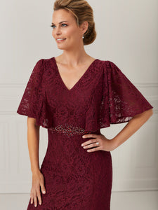 3/4-Sleeve Lace Ruffle-Sleeve Dress In Mahogany