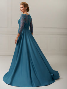 Hand-Beaded Satin Crepe Gown With Side Pockets In Rich Blue