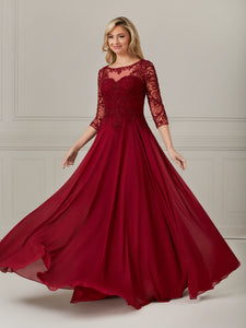 3/4 Sleeve Chiffon & Lace A-Line Dress In Wine