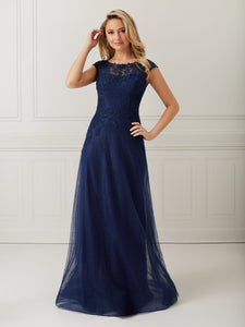 Sleeveless Lace And Tulle Illusion A-Line Dress In Navy